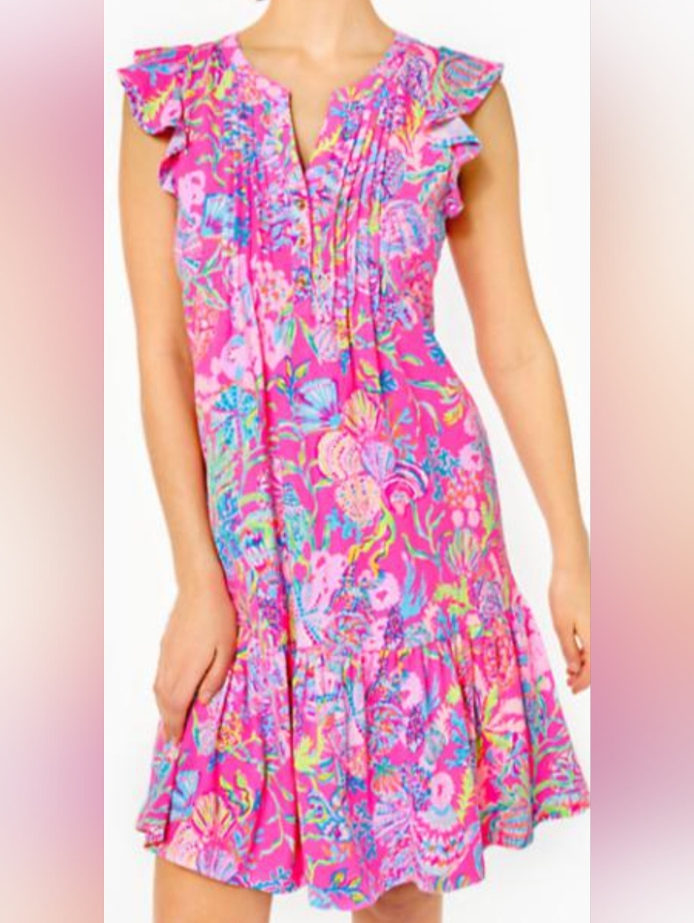 Lilly Pulitzer Golda Flutter Sleeve Dress in the "Pink Isle Shell Me" Size Small